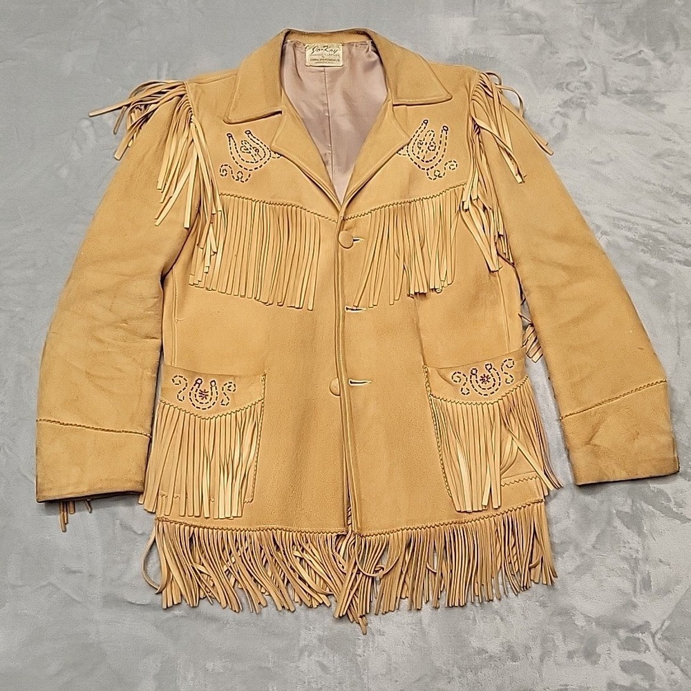 VTG Jo-Kay Jacket Mens Tan Suede Fringe Horseshoe Cowboy Western Made In USA